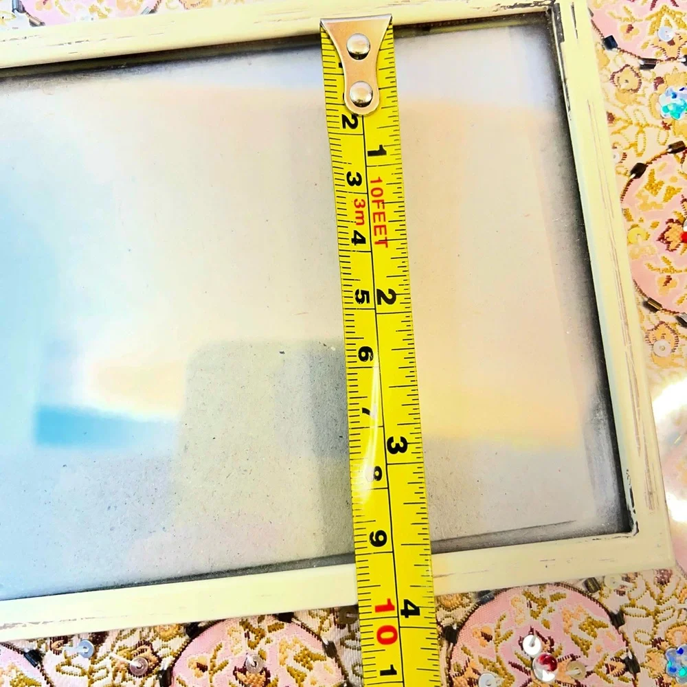 Metal Glass Fabric Picture Frame Pink Embroidered Sequins Floral 4x6